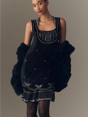 Anthropologie Beaded Black Velvet Mini Dress